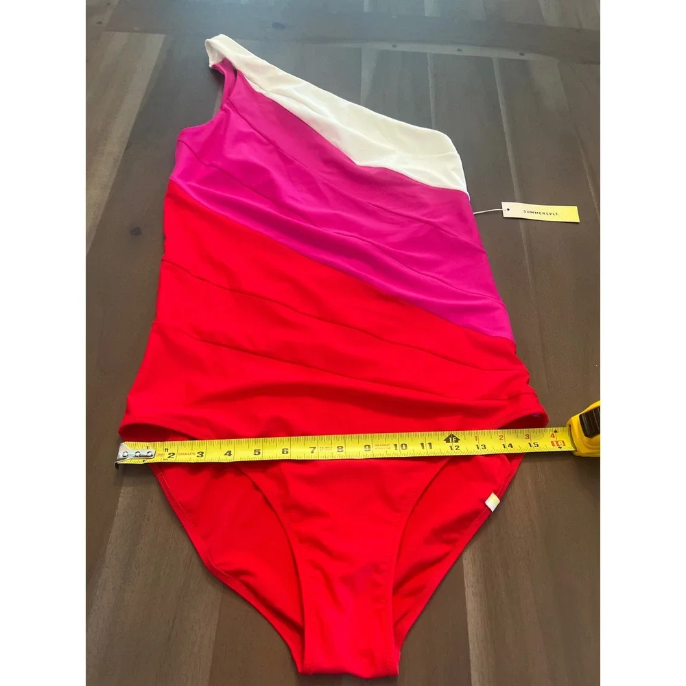 Summersalt The Sidestroke One Shoulder Swimsuit Colorblock Pink White Red 14LT